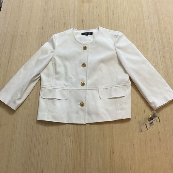 Kasper cotton stretch white denim gold button Jacket Size 14 Catalina  Brand New - Picture 1 of 14